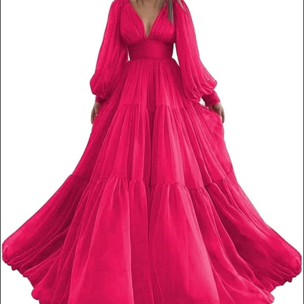 A-Line/Princess Sweep/Brush Train V-neck Long Sleeves 3D Chiffon Ruffles Dress